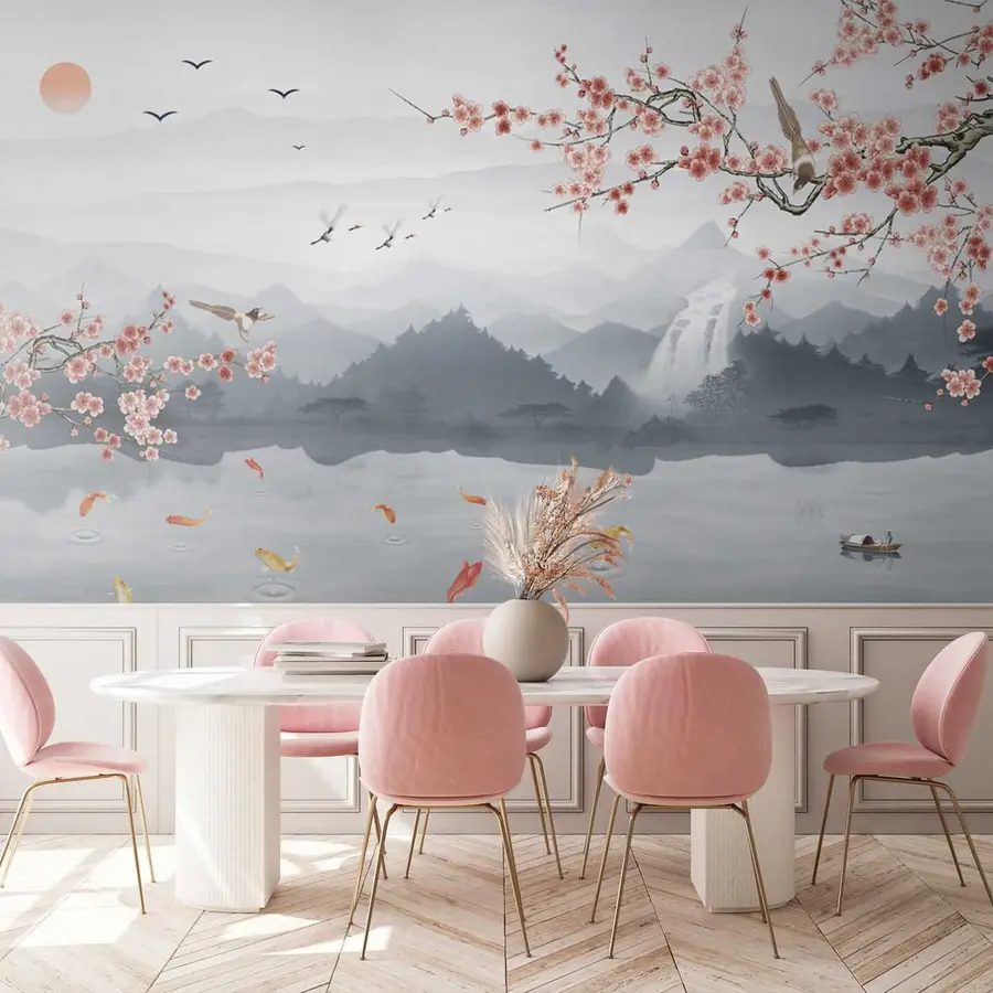 Valokuvatapetti Sakura järven ja vuorten taustalla u28840