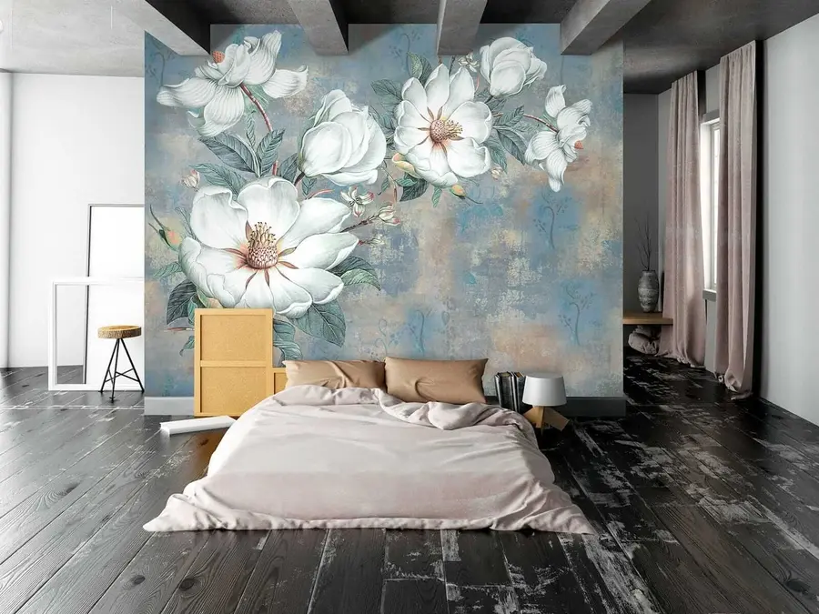 Valokuvatapetti Magnoliat grunge-seinällä u38839