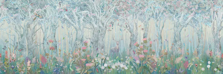 Valokuvatapetti Peuroja ja lintuja maagisessa metsässä u60061