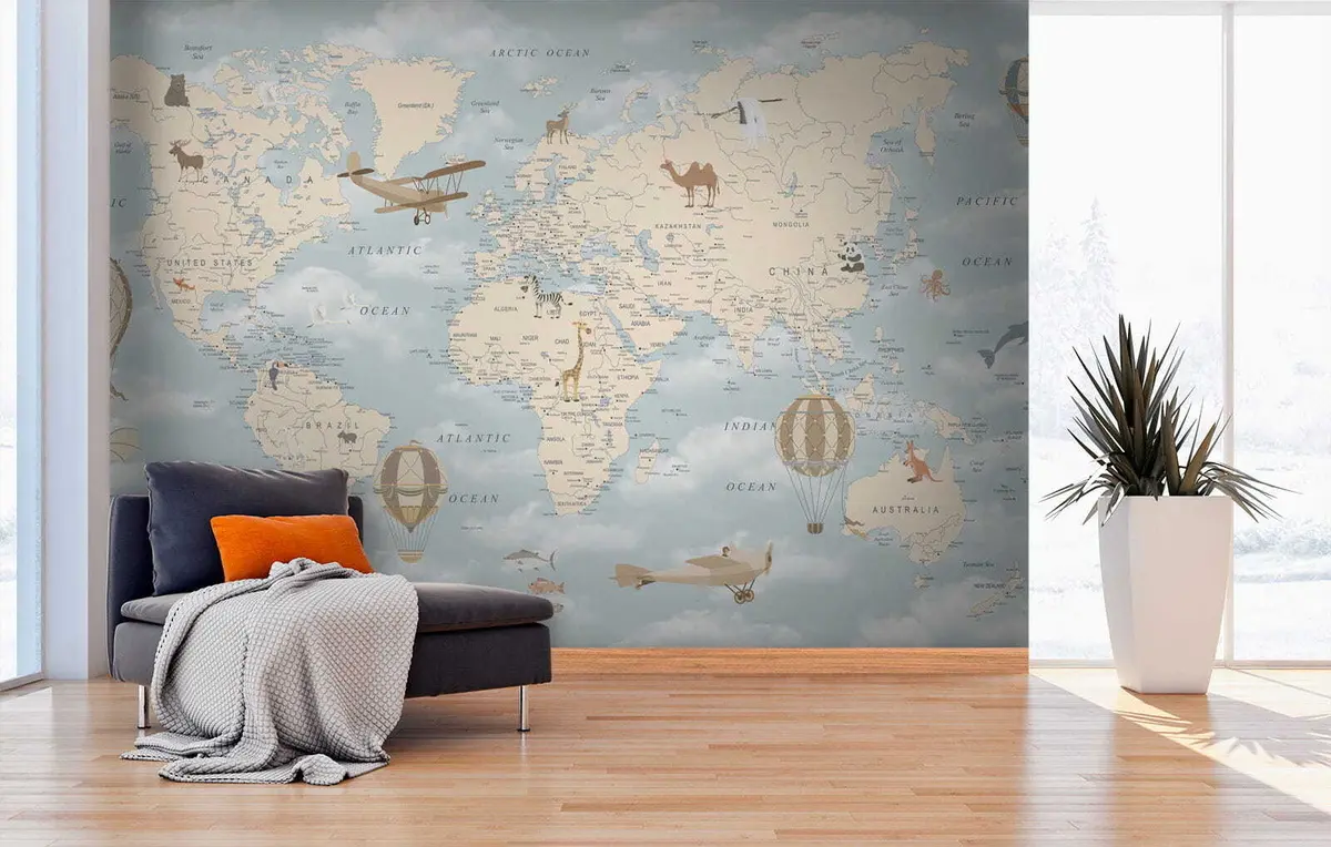 Valokuvatapetti Lasten maailmankartta lentokoneilla u60135