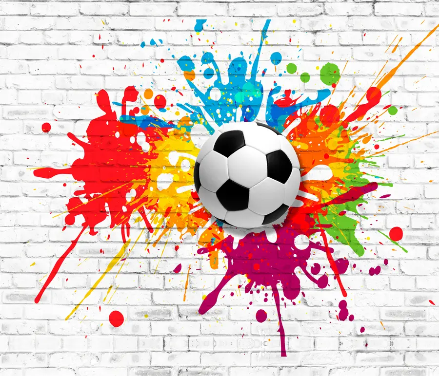 Valokuvatapetti Jalkapallo tiiliseinän taustaa vasten u64587