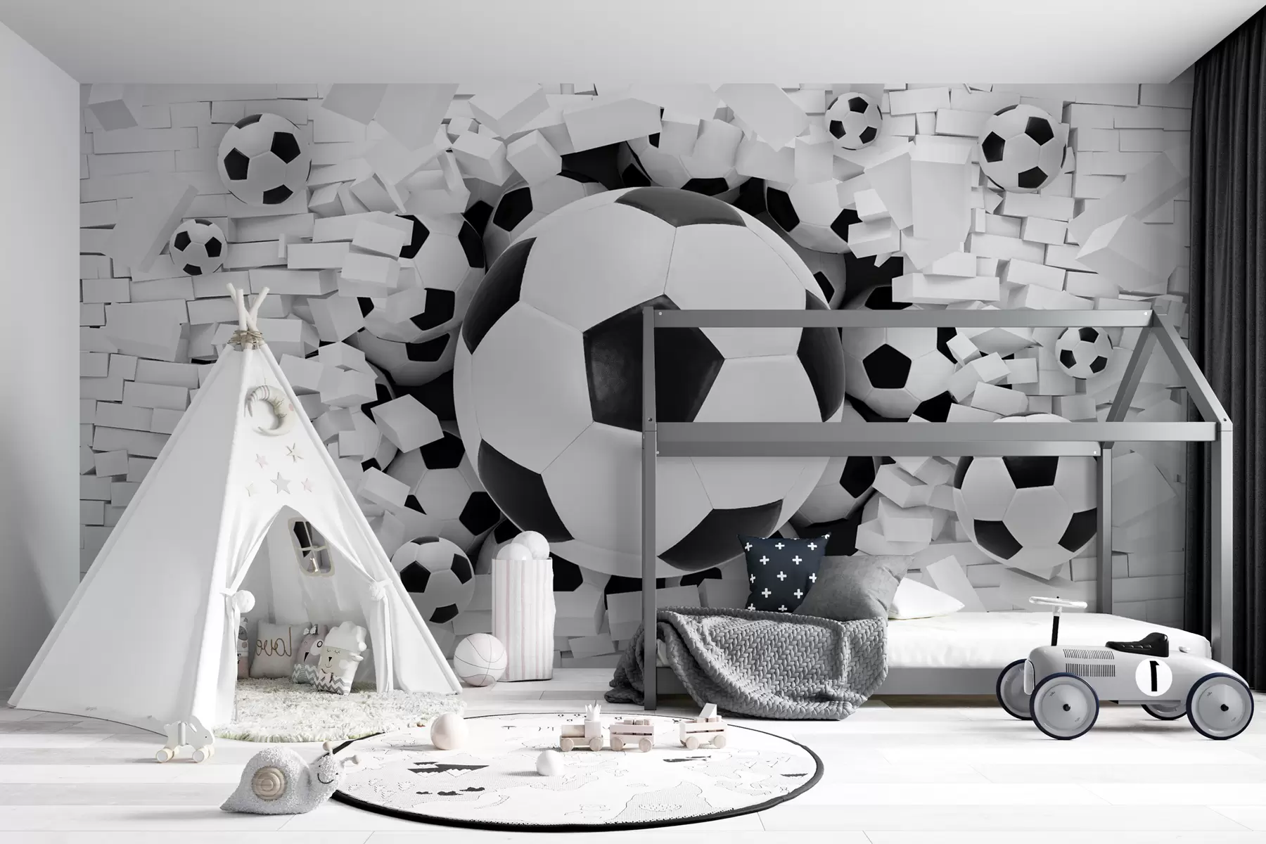 Valokuvatapetti Jalkapallo murtuu seinän läpi u70633