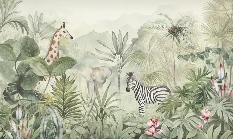 Valokuvatapetti Viidakkometsä, palmuja, kirahvi, elefantti, seepra, vesivärit, vehreys, banaanipuu, kukat w00089