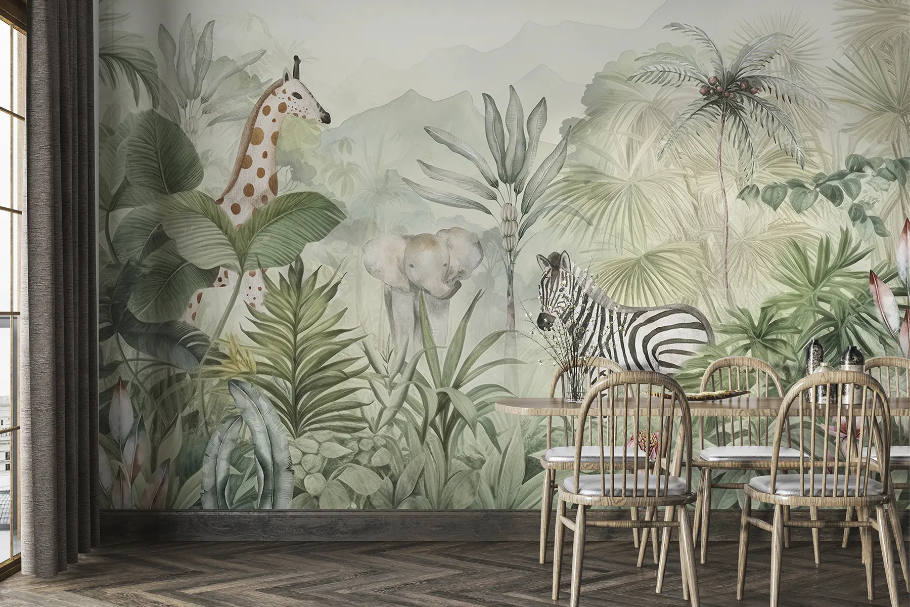 Valokuvatapetti Viidakkometsä, palmuja, kirahvi, elefantti, seepra, vesivärit, vehreys, banaanipuu, kukat w00089