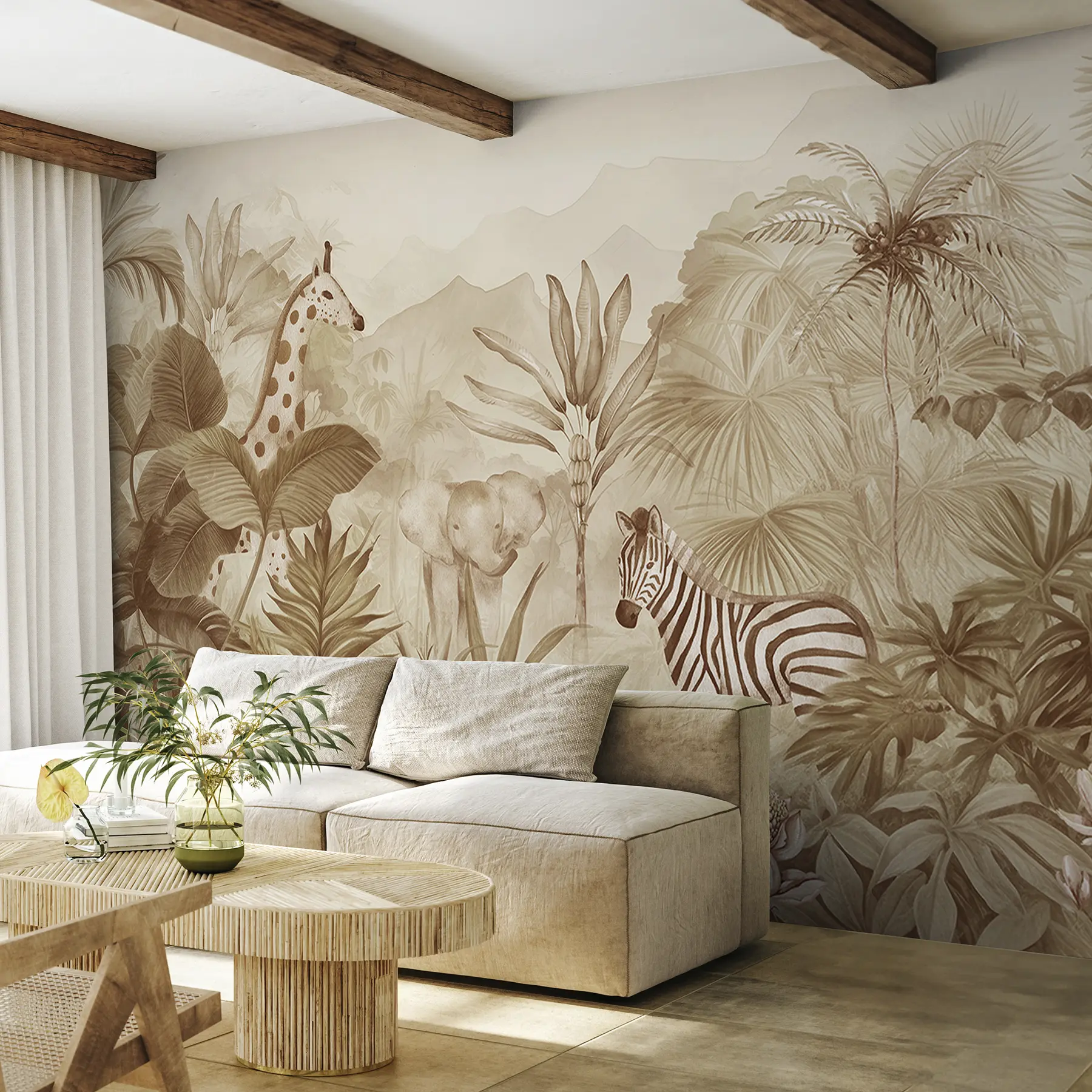 Valokuvatapetti Viidakkometsä, palmuja, kirahvi, elefantti, seepra, akvarelli, beige väri, banaanipuu, kukat w00089v1