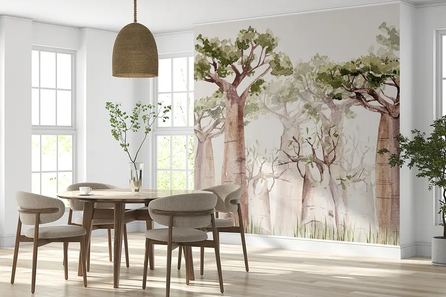 Valokuvatapetti Baobab puu, safariteema, metsä, beige ja vihreä värit w00082