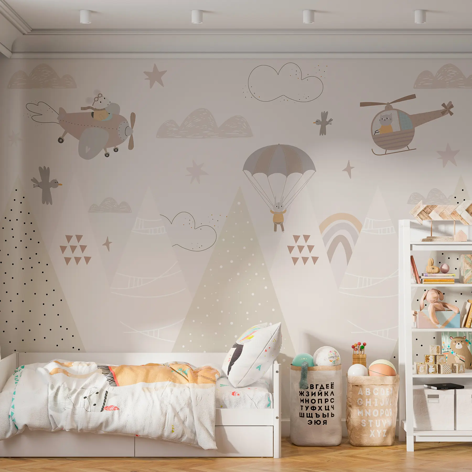 Valokuvatapetti Beige vuoret helikopterilla, lentokoneella ja eläimillä w00414