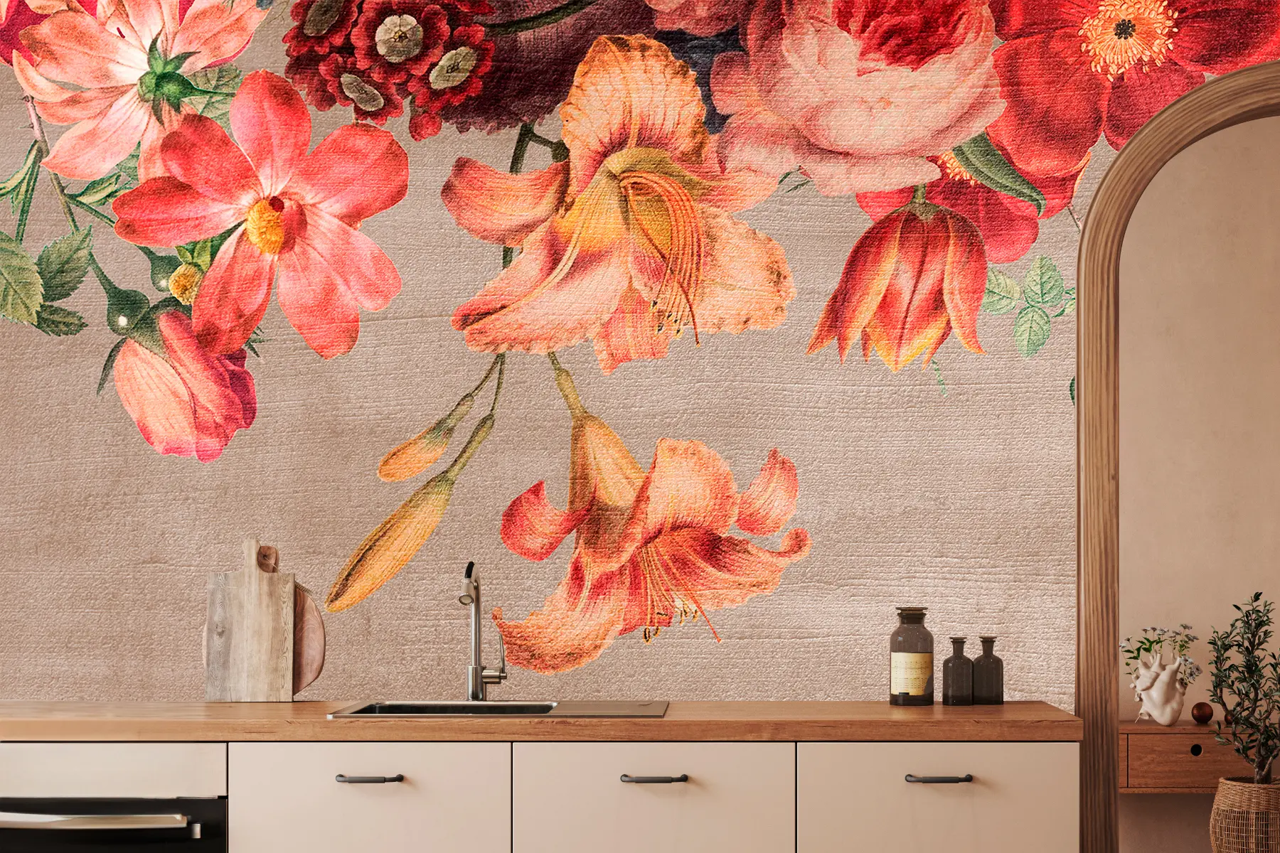 Valokuvatapetti Kasvitieteellinen kuva kukkakimppu asetelma ruskealla pohjalla  w00427