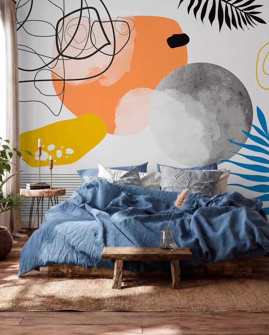 Valokuvatapetti Abstrakti moderni, minimalismi, boho, geometria, akvarellitäplät, täysikuu, palmulehtien siluetti, topografia, monimutkaisuus, oranssi, keltainen, harmaa w00508