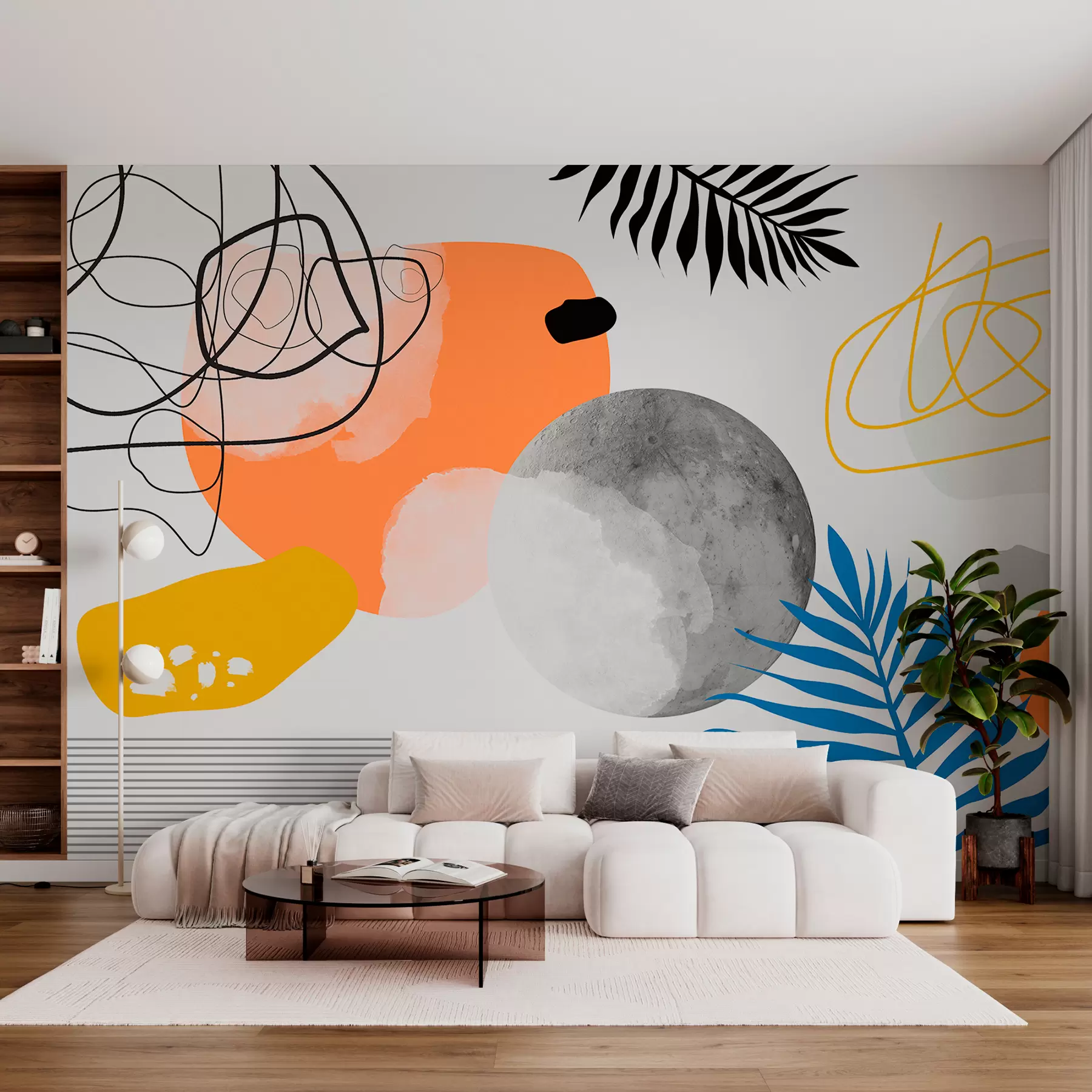 Valokuvatapetti Abstrakti moderni, minimalismi, boho, geometria, akvarellitäplät, täysikuu, palmulehtien siluetti, topografia, monimutkaisuus, oranssi, keltainen, harmaa w00508