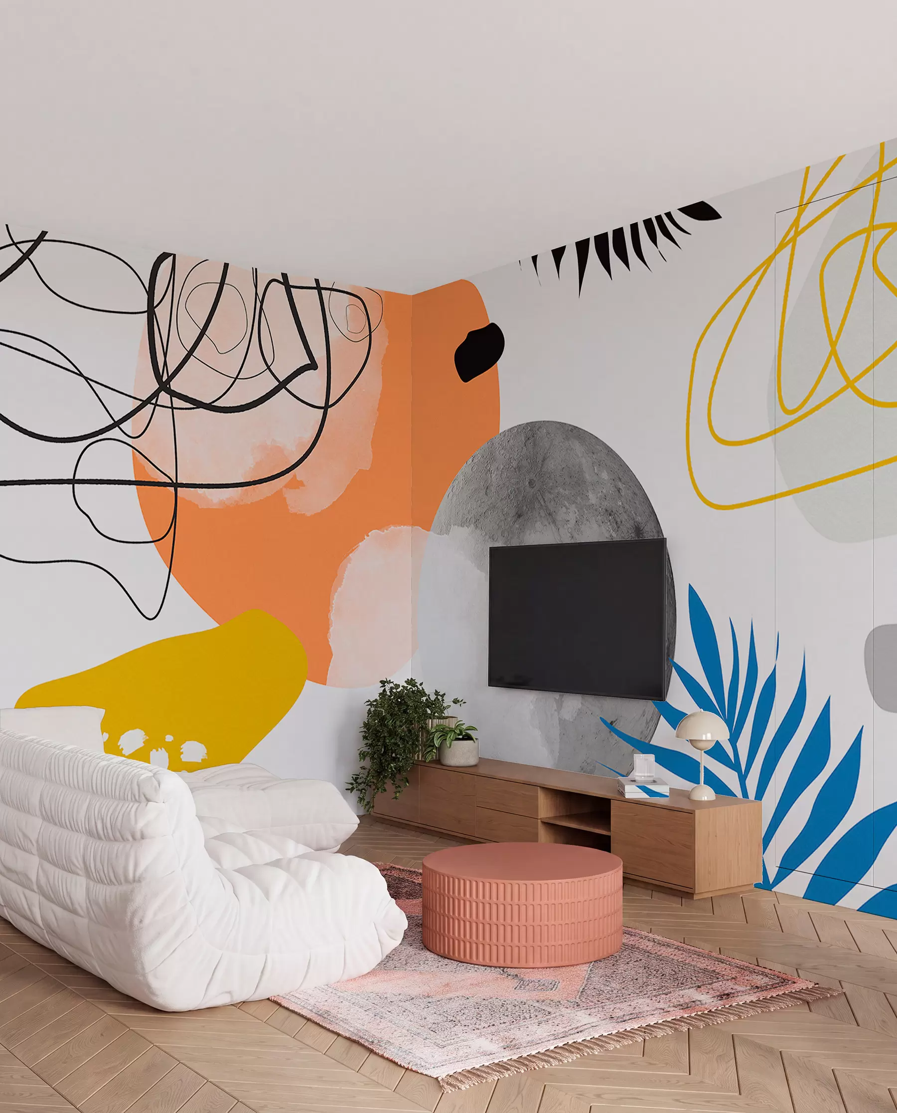 Valokuvatapetti Abstrakti moderni, minimalismi, boho, geometria, akvarellitäplät, täysikuu, palmulehtien siluetti, topografia, monimutkaisuus, oranssi, keltainen, harmaa w00508