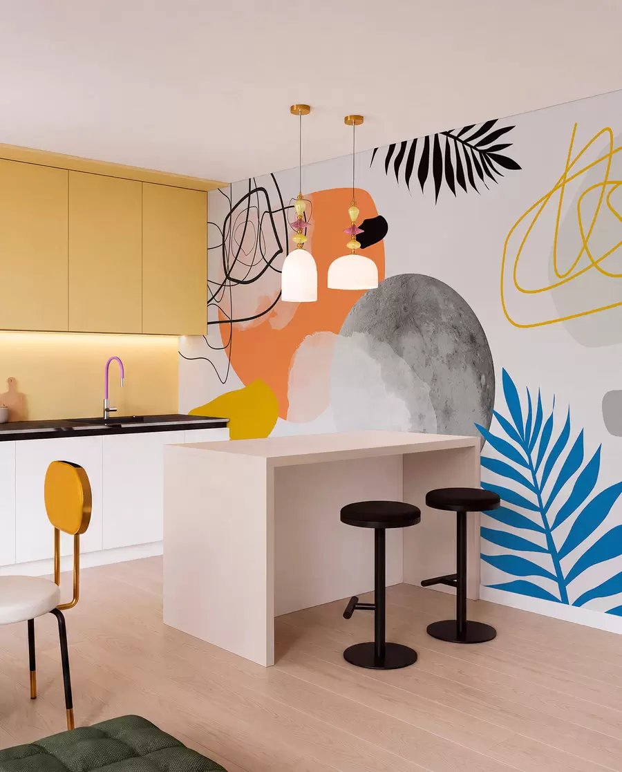 Valokuvatapetti Abstrakti moderni, minimalismi, boho, geometria, akvarellitäplät, täysikuu, palmulehtien siluetti, topografia, monimutkaisuus, oranssi, keltainen, harmaa w00508