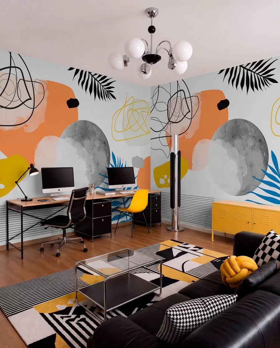 Valokuvatapetti Abstrakti moderni, minimalismi, boho, geometria, akvarellitäplät, täysikuu, palmulehtien siluetti, topografia, monimutkaisuus, oranssi, keltainen, harmaa w00508