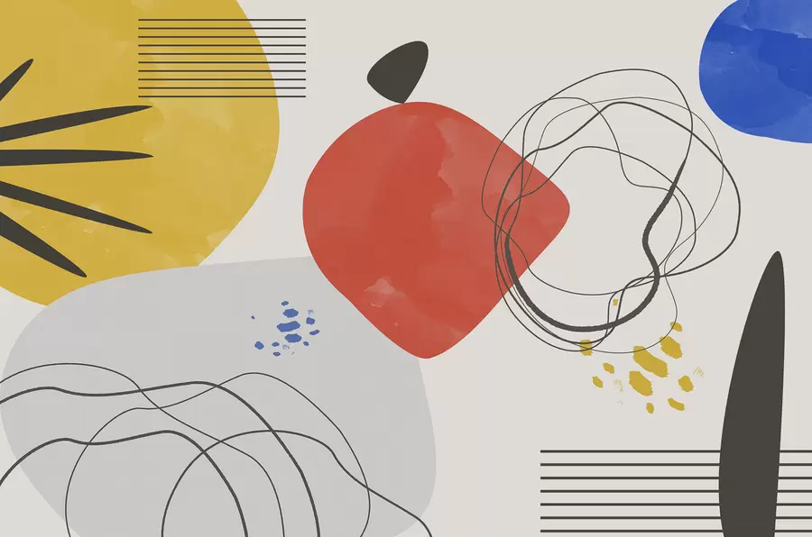 Valokuvatapetti Abstraktio moderni, valopilkku, boho, geometria, topografia, käyrät, viivat, punainen, keltainen, sininen, musta w00514