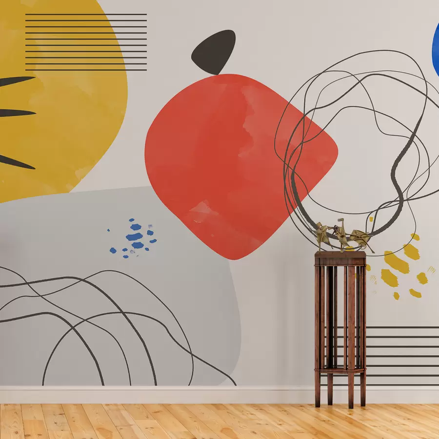 Valokuvatapetti Abstraktio moderni, valopilkku, boho, geometria, topografia, käyrät, viivat, punainen, keltainen, sininen, musta w00514