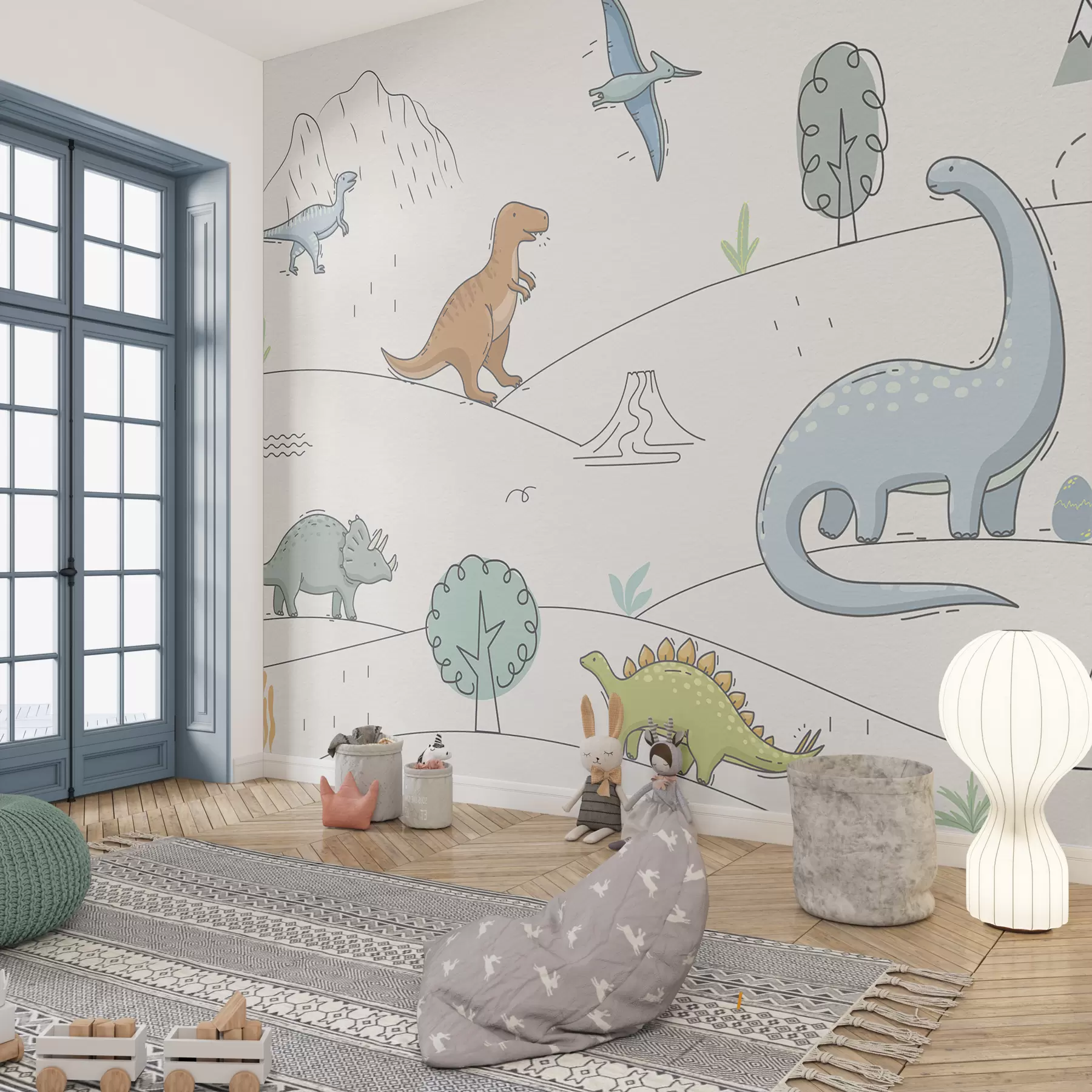 Valokuvatapetti Värikkäitä dinosauruksia kukkuloilla w00637