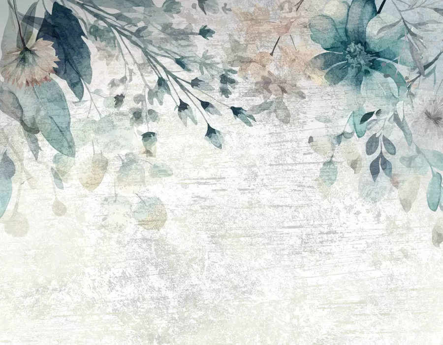 Valokuvatapetti Suuret sinivalkoiset kukat, lehdet ja oksat kuvioitua seinää vasten w00697