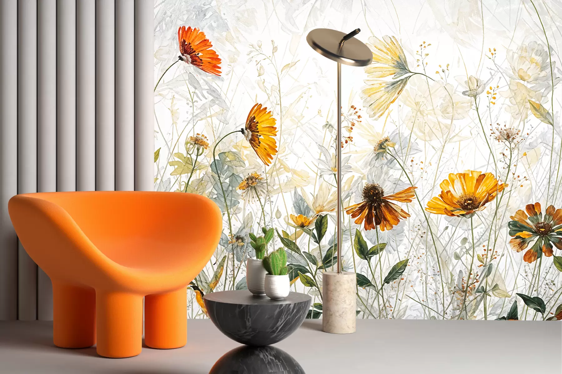 Valokuvatapetti Eloisa kukkakenttä pehmeää, sameaa taustaa vasten, jossa on herkkiä valkoisia kukkia ja ohutta ruohoa w00708