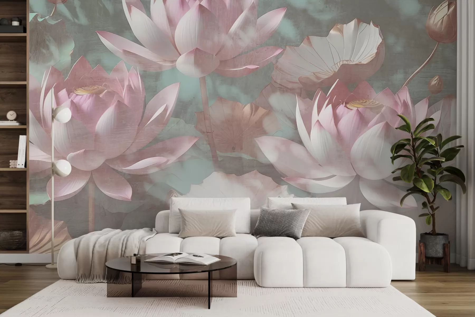 Valokuvatapetti Lähikuva useista herkistä vaaleanpunaisista lootuksenkukista pehmeää, epäselvää taustaa vasten w00710