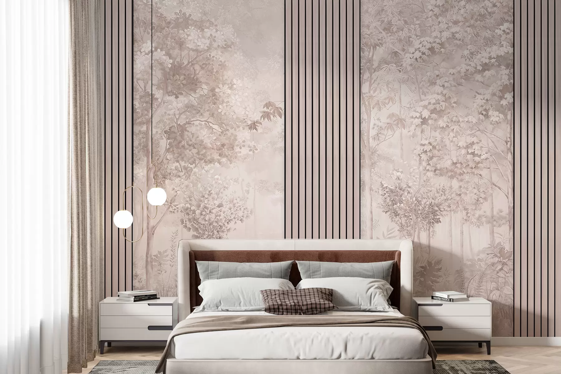 Valokuvatapetti Puupaneelit ja herkkä metsä vaaleanpunaisissa sävyissä w00670v1