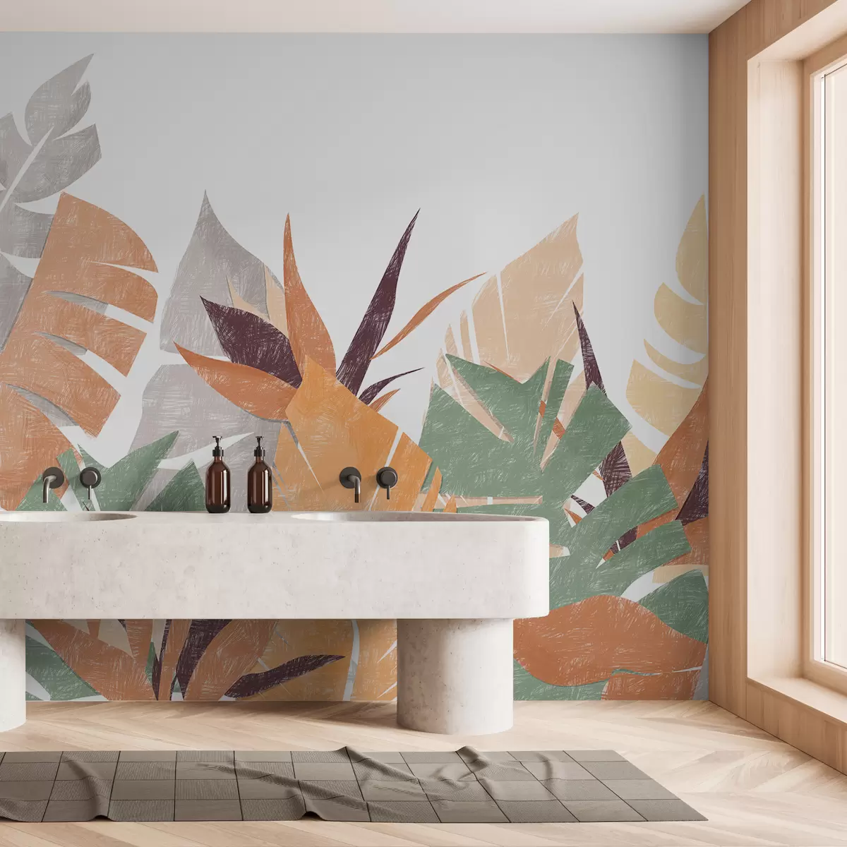 Valokuvatapetti Palmunlehdet, tropiikki, kasvin siluettijäljitelmä lyijykynä, kukka, vihreä, oranssi, harmaa, violetti punainen, väri w00790