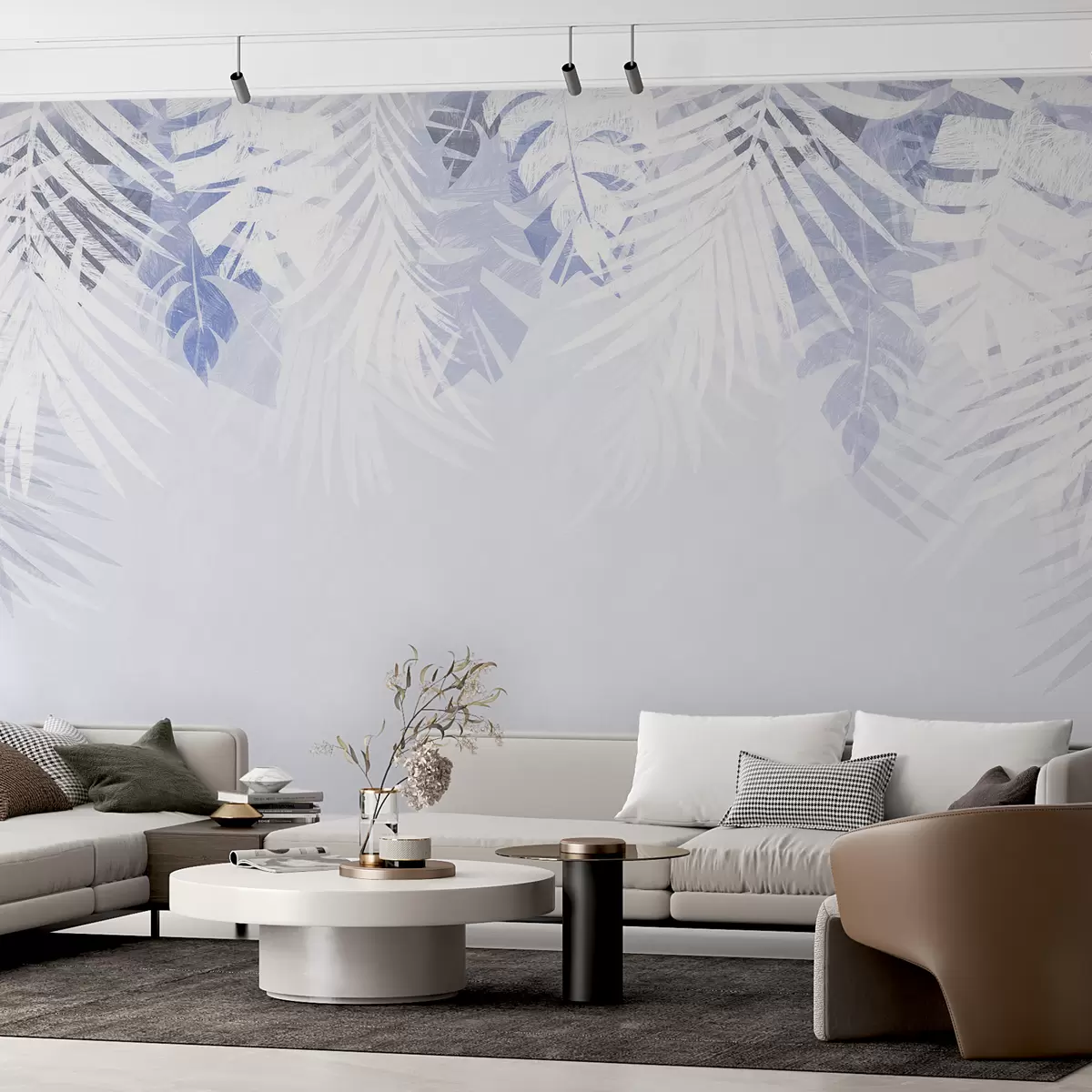 Valokuvatapetti Trooppinen lehdet ja oksat, väriltään valkoinen ja sininen w00793v1