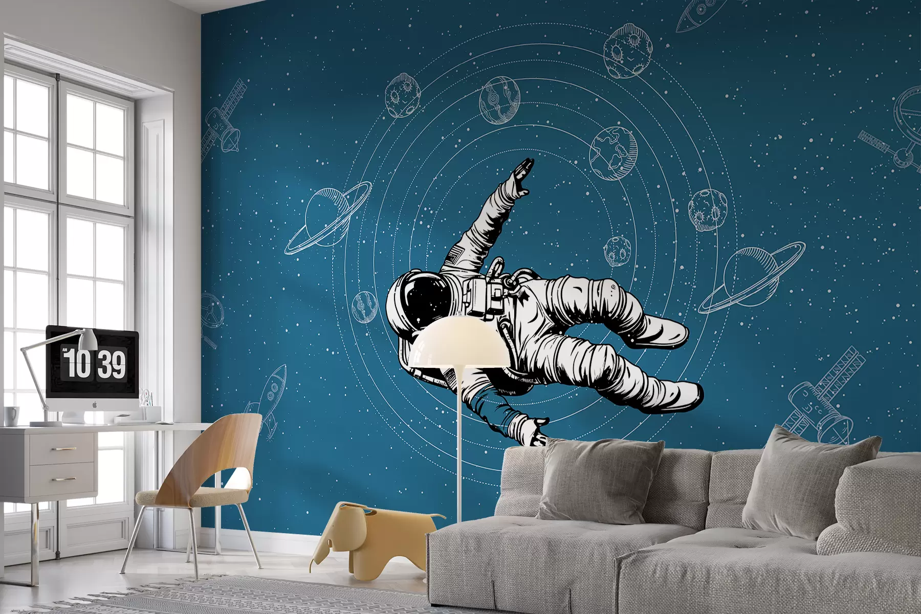 Valokuvatapetti Astronautti ja planeetat sinisellä pohjalla w00712v3