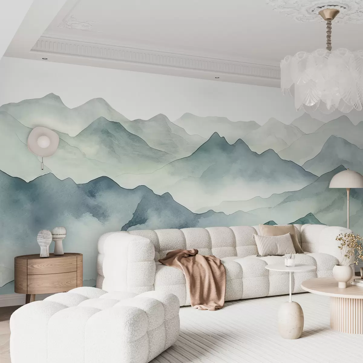 Valokuvatapetti Vuorenhuiput ja solat, akvarelli, maisema, maisema, sininen, harmaa väri w00841