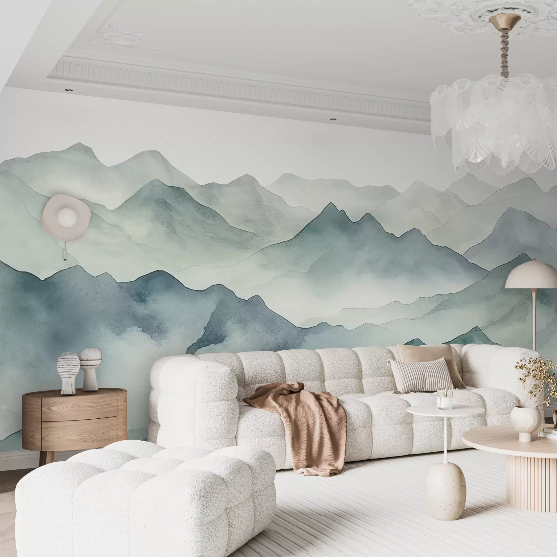 Valokuvatapetti Vuorenhuiput ja solat, akvarelli, maisema, maisema, sininen, harmaa väri w00841