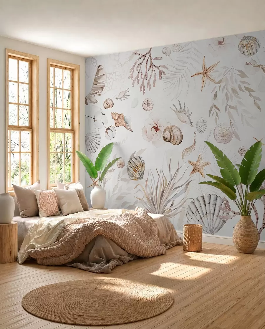 Valokuvatapetti Vesivärinen merikuvio, boho-tyyli, simpukankuoria, korallia, puuvillaa, beigeä w00851