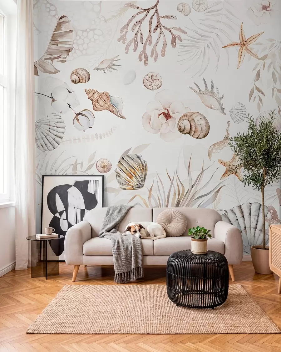 Valokuvatapetti Vesivärinen merikuvio, boho-tyyli, simpukankuoria, korallia, puuvillaa, beigeä w00851