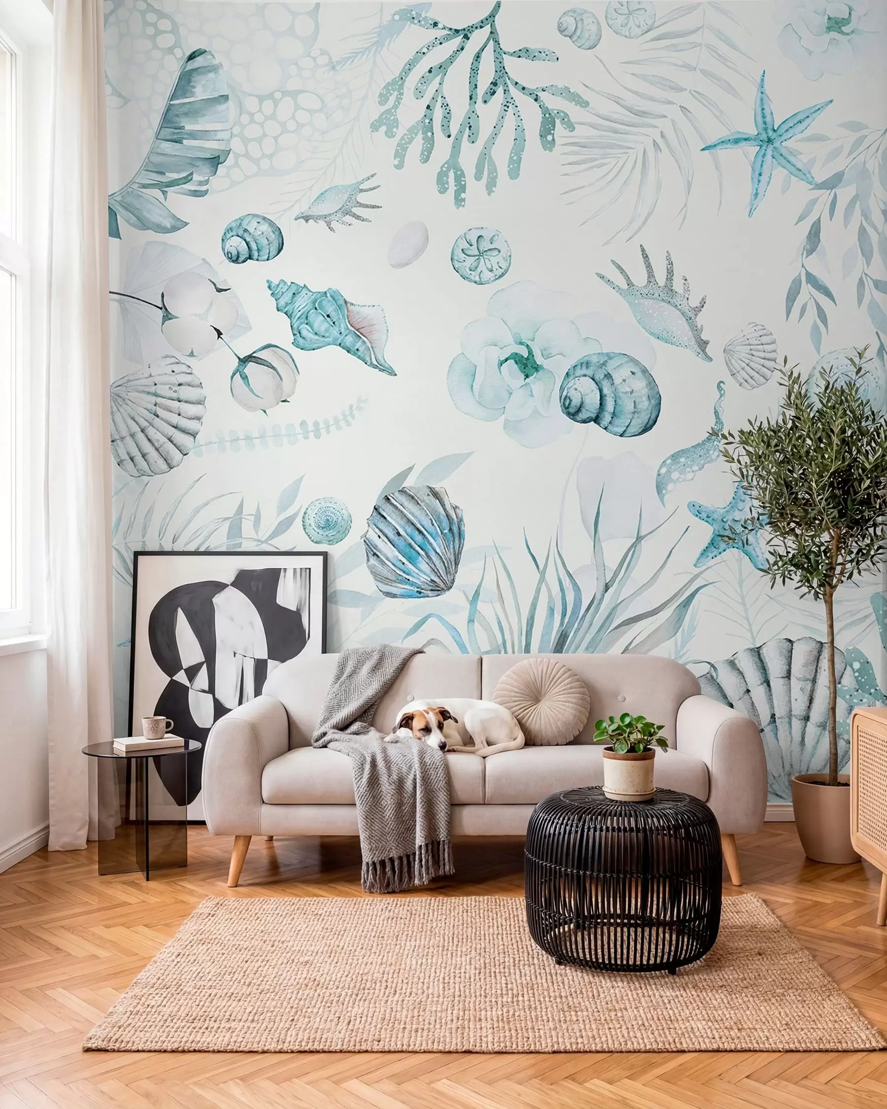 Valokuvatapetti Vesivärinen merikuvio, boho-tyyli, simpukankuoria, korallia, puuvillaa, sinisiä värejä w00851v1