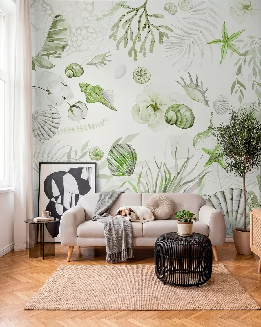 Valokuvatapetti Vesivärinen merikuvio, boho-tyyli, simpukankuoria, korallia, puuvillaa, vihreitä värejä w00851v2
