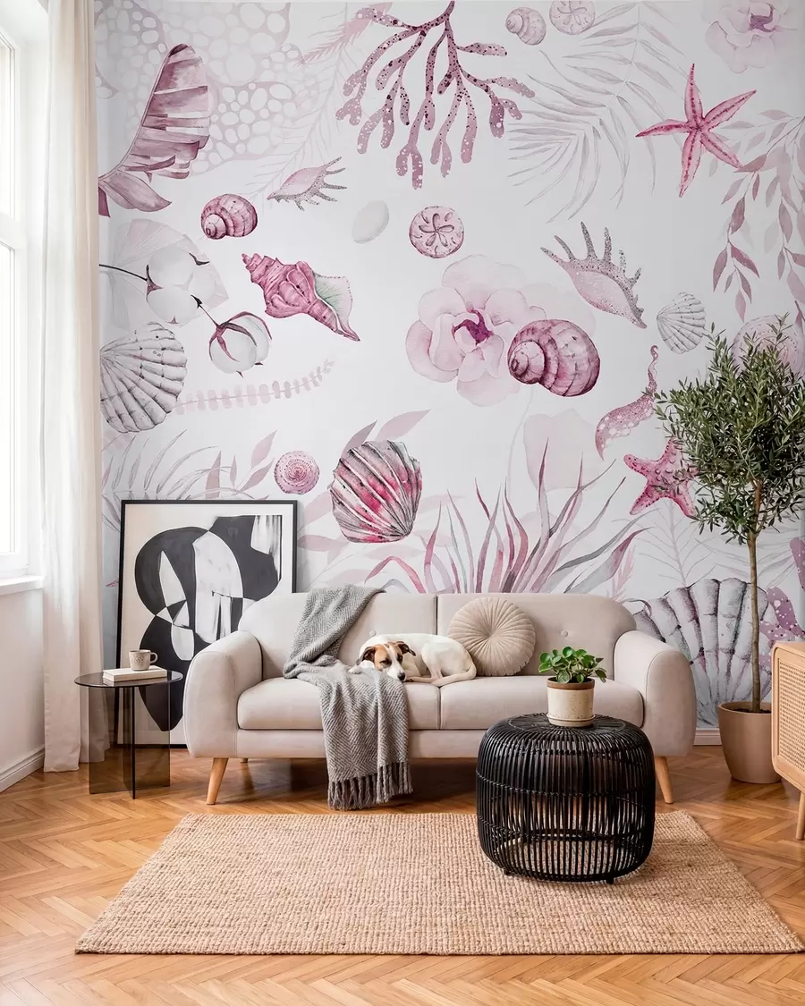 Valokuvatapetti Vesivärinen merikuvio, boho-tyyli, simpukankuoria, korallia, puuvillaa, vaaleanpunaisia värejä w00851v3