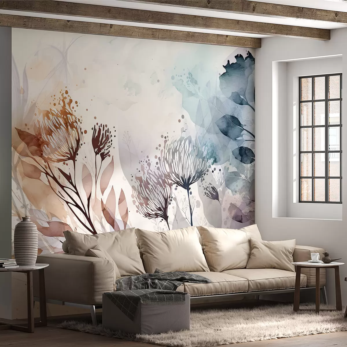 Valokuvatapetti Herkät kukka-abstraktit, tyylitellyt kukat ja kasvimuotoelementit hillityissä, maanläheisissä sävyissä vesiväritaidetta w00898