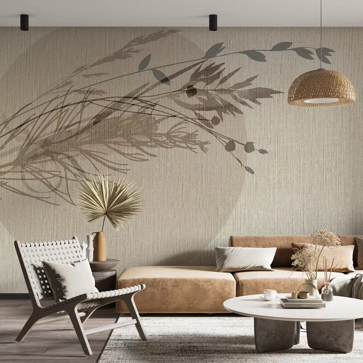 Valokuvatapetti Minimalistinen kuva pyöreästä muodosta, jossa on abstrakteja kasvimaisia elementtejä mykistetyillä maansävyillä w00902