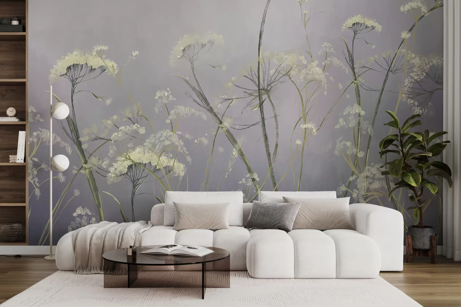 Valokuvatapetti Valkoisia luonnonkukkia sumuisella pellolla pehmeällä, sumealla harmaalla taustalla w00903