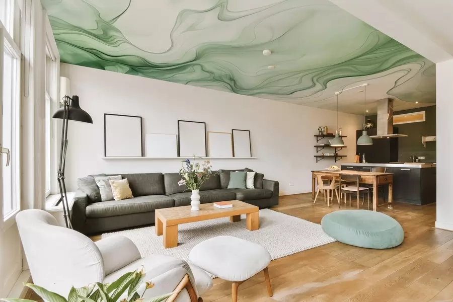 Valokuvatapetti Vihreät abstraktit aallot vaalealla taustalla w01185