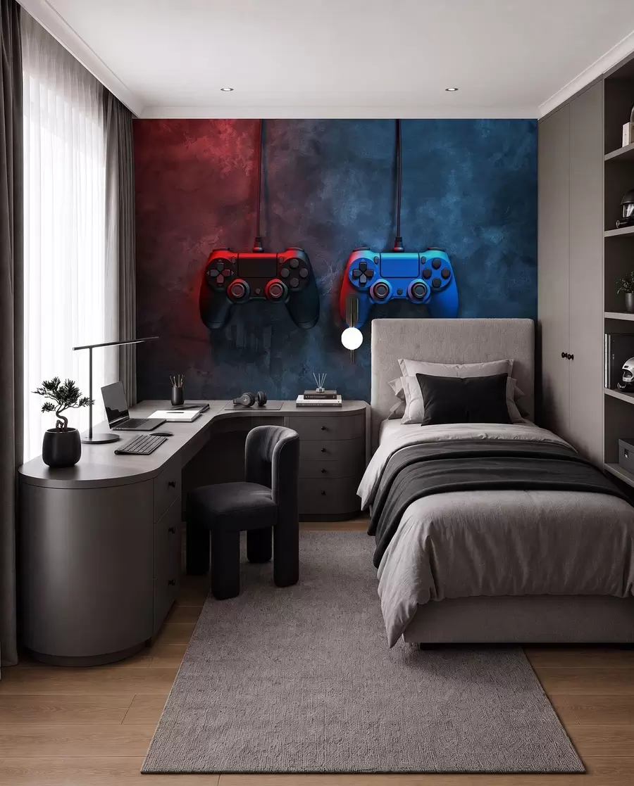 Valokuvatapetti musta ja sininen DualShock tummalla taustalla w01189