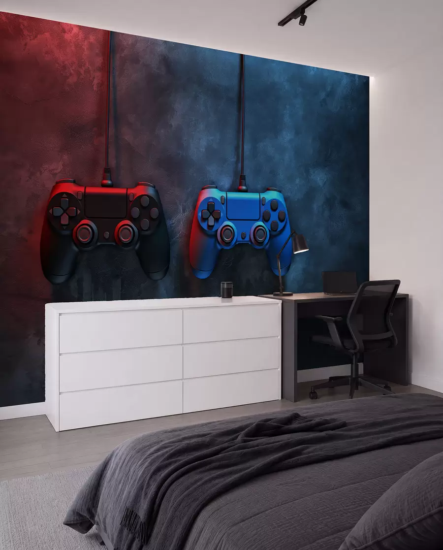 Valokuvatapetti musta ja sininen DualShock tummalla taustalla w01189