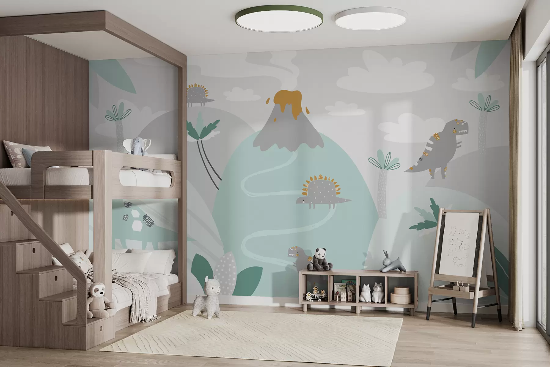 Valokuvatapetti vuoret, tulivuori ja dinosaurukset sinisissä sävyissä w00937