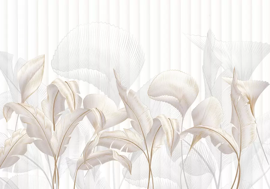 Valokuvatapetti Lähikuva trooppisista lehdistä valkoista taustaa vasten, jossa on kuvioitu tausta w01237