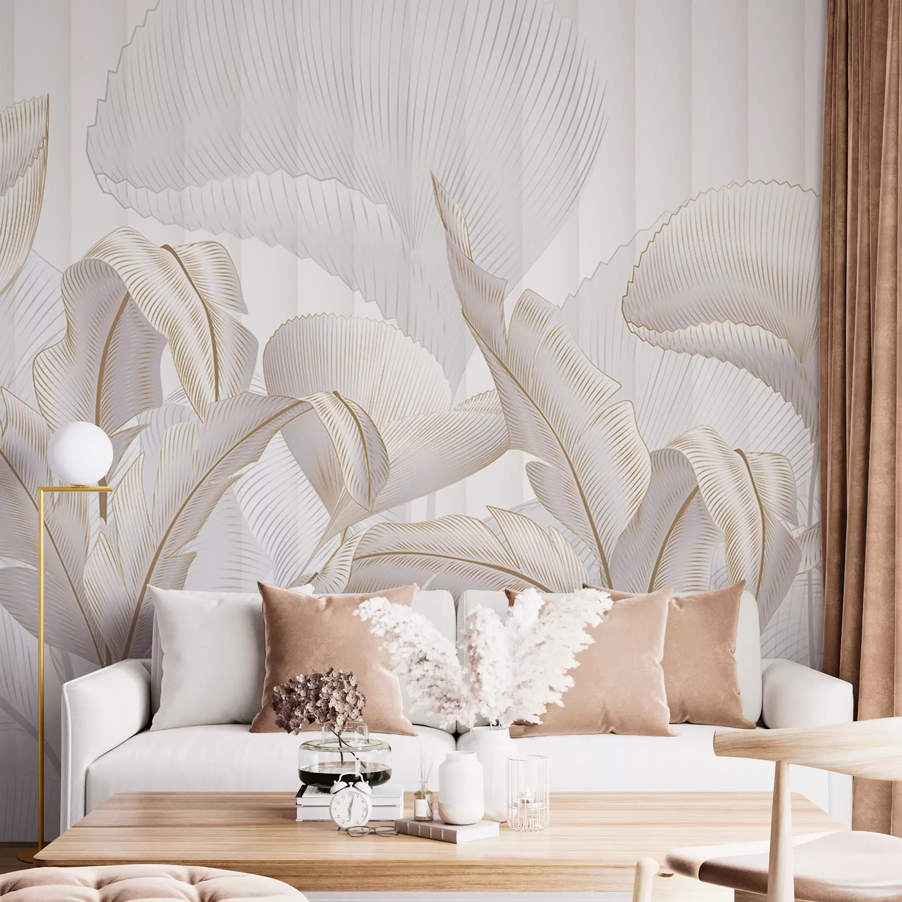 Valokuvatapetti Lähikuva trooppisista lehdistä valkoista taustaa vasten, jossa on kuvioitu tausta w01237