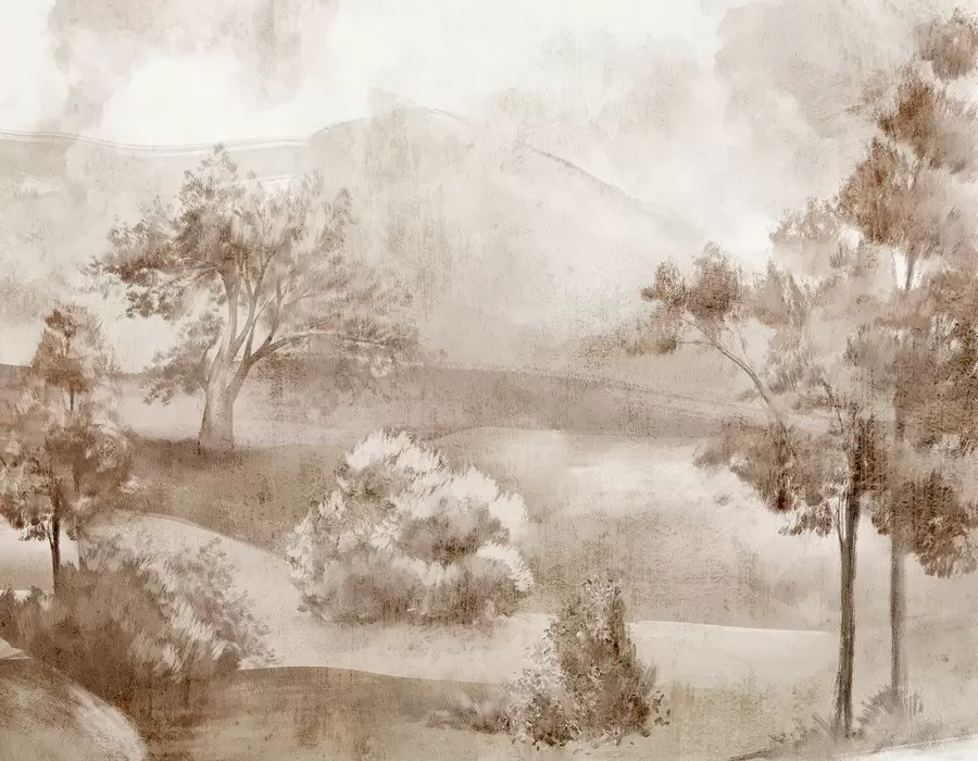 Valokuvatapetti Maisemamaalaus sumuisesta maaseutumaisemasta rehevien puiden ja ruskean sävyisten lehtien ympäröimänä w01247