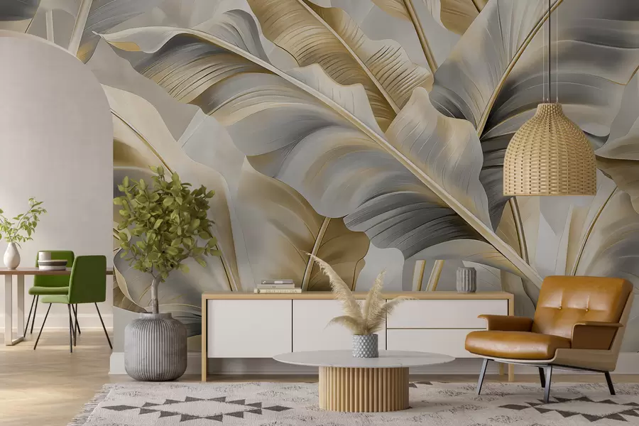 Valokuvatapetti ylelliset suuret banaaninlehdet harmaan beigen sävyissä w07876