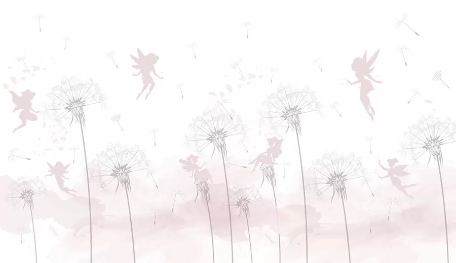 Valokuvatapetti Taikakeijut voikukkaissa ja luonnonkukissa Skandinaaviseen tyyliin tytöille vaaleanpunainen väri w07913