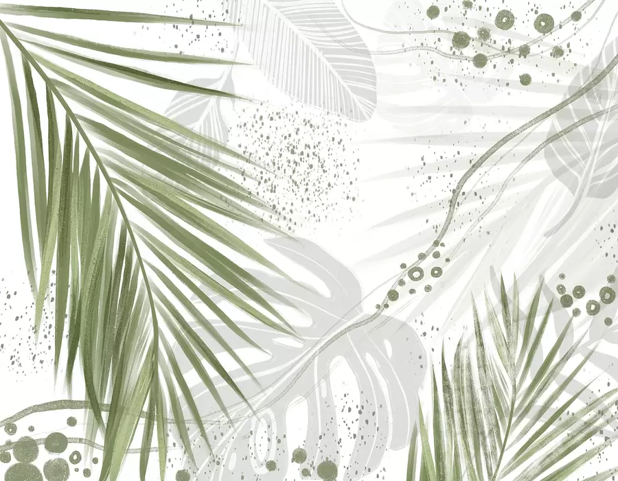 Valokuvatapetti Trooppisen vihreät palmunlehdet ja -lehdet abstrakteilla muodoilla ja roiskeilla vihreän ja valkoisen sävyissä w07918