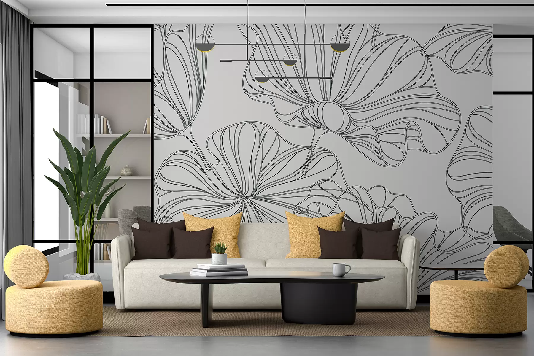 Valokuvatapetti Suuret lineaariset kukat, vaalea beige tausta w07997v1