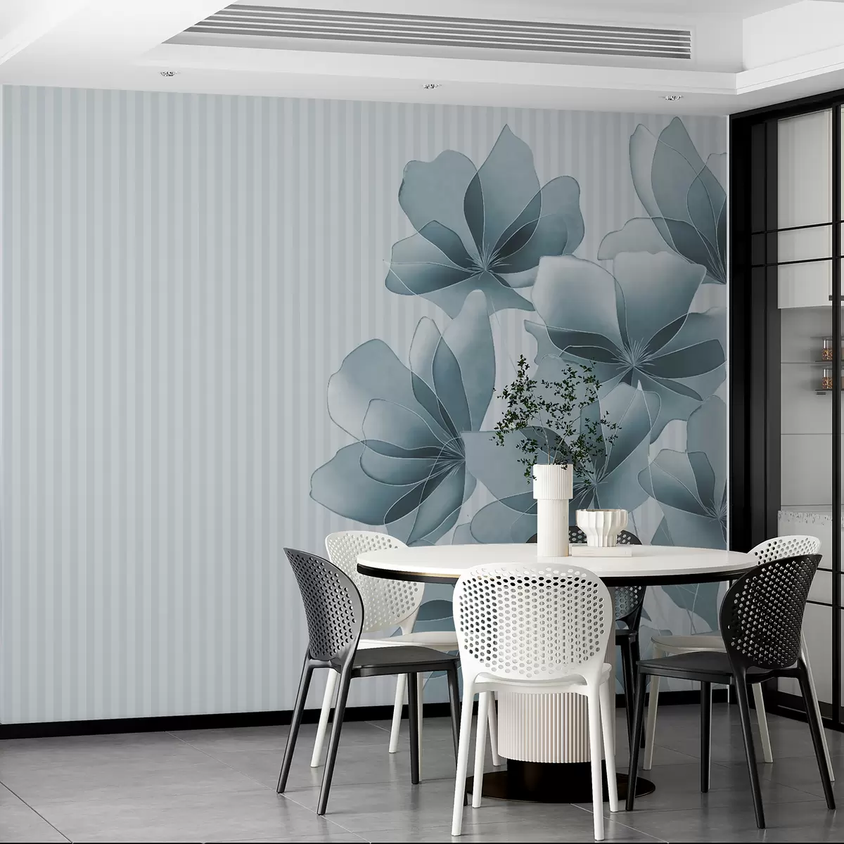 Valokuvatapetti herkät siniset kukat raidallisella taustalla w08040