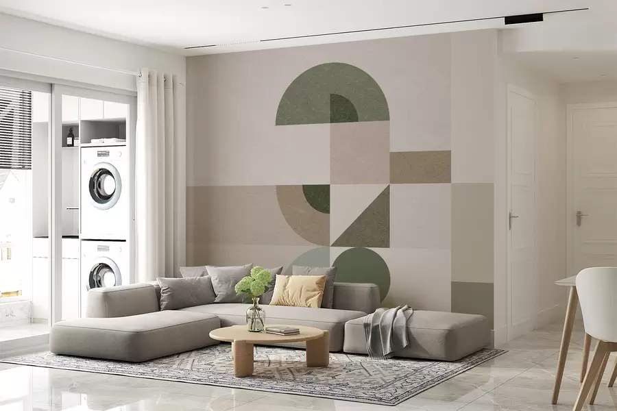 Valokuvatapetti Abstrakti kuvioitu geometria art deco -tyyliin beigen, ruskean ja vihreän sävyissä w08049
